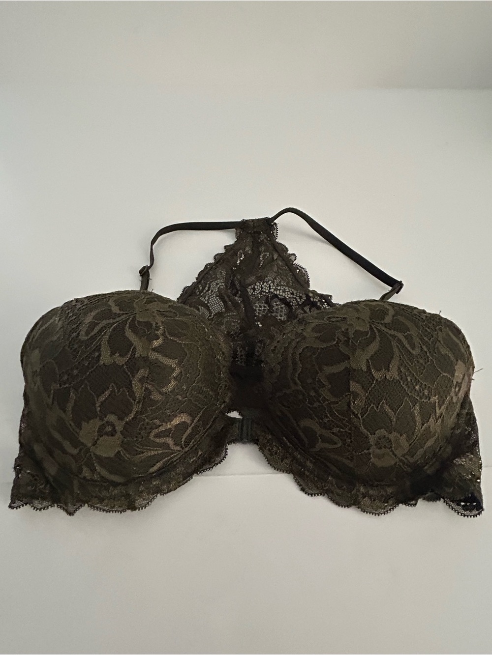 Victoria's Secret PINK Lace Trim Racerback Bra in Olive with Pink Lining - Picture 2 of 4